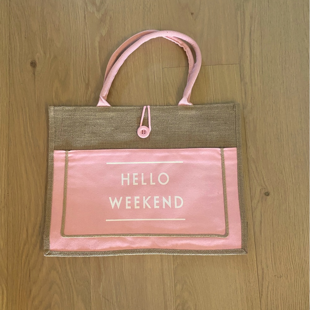 Tote. Never used. NWOT. Burlap and Pink. Hello Weekend!